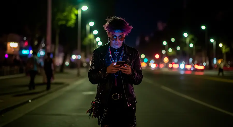 La DJ y productora chilena Valesuchi sentada en su estudio de producción musical en Santiago, rodeada de equipos electrónicos y decoraciones personales.