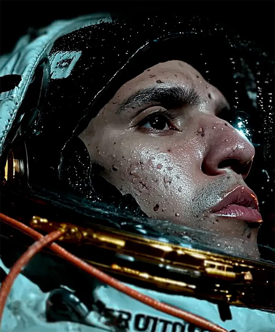 About Us 56 Primer plano de Sebastián Rivera, DJ y co-fundador de Technicomio Records, con un casco futurista oscuro y una mirada intensa y concentrada.