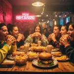Grupo de jóvenes ravers con pulseras de neón y glitter, comiendo hamburguesas y papas fritas en un restaurante de noche en Santiago, disfrutando de 'el bajón' después de una fiesta.