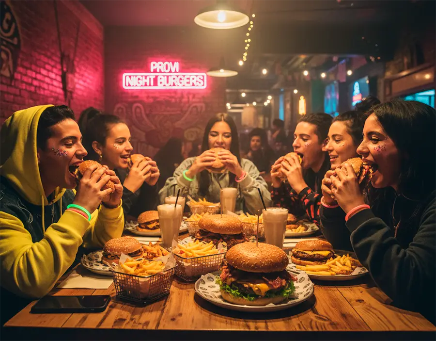 Grupo de jóvenes ravers con pulseras de neón y glitter, comiendo hamburguesas y papas fritas en un restaurante de noche en Santiago, disfrutando de 'el bajón' después de una fiesta.