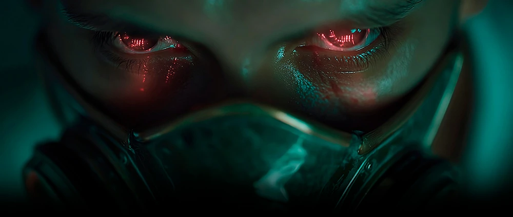 Primer plano de un rostro con ojos cibernéticos rojos brillantes y una máscara de gas en un ambiente cyberpunk oscuro