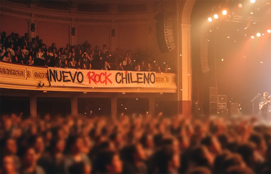 La DJ y productora chilena Valesuchi sentada en su estudio de producción musical en Santiago, rodeada de equipos electrónicos y decoraciones personales.