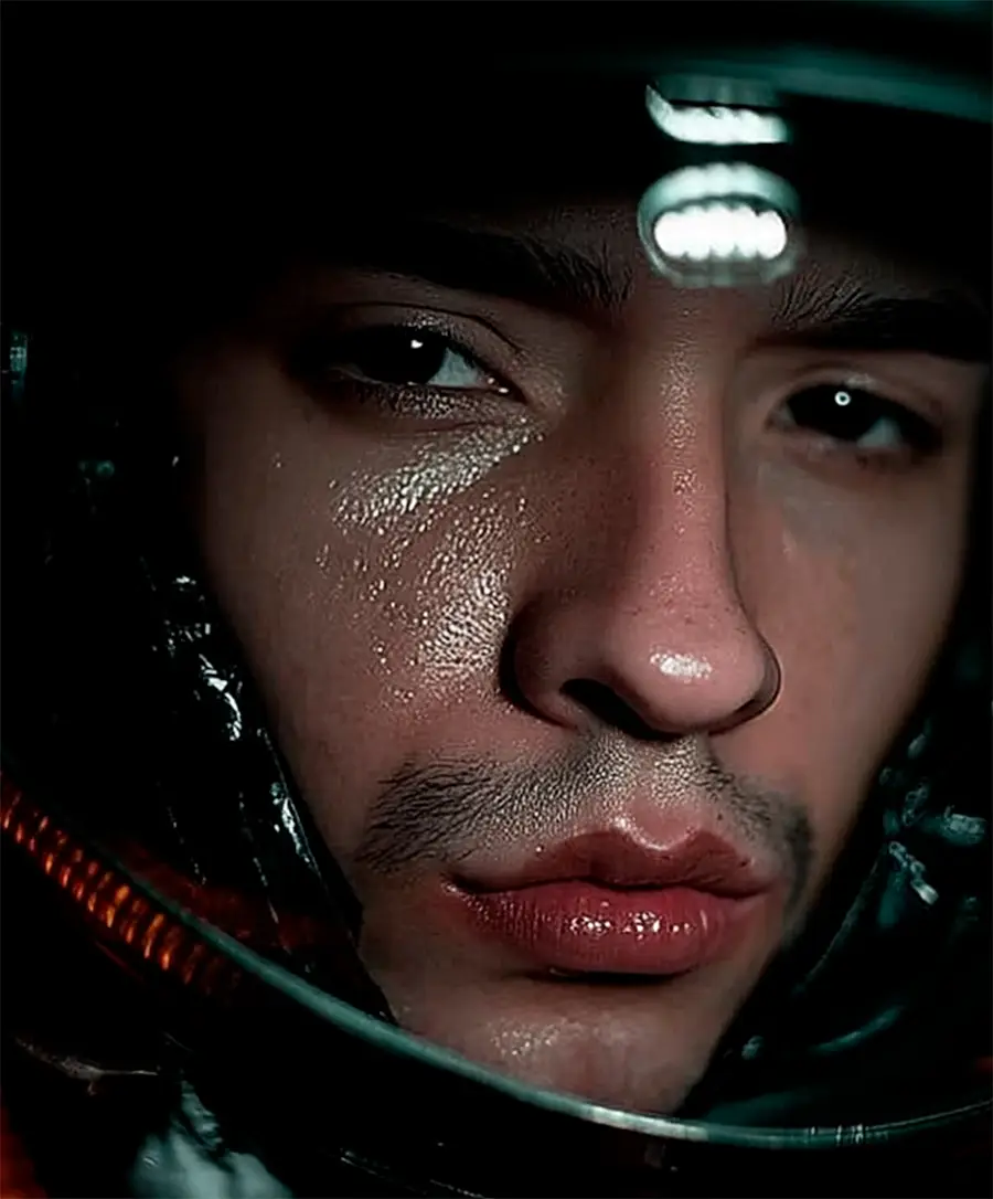 About Us 55 Primer plano de Sebastián Rivera, DJ y co-fundador de Technicomio Records, con un casco futurista oscuro y una mirada intensa y concentrada.