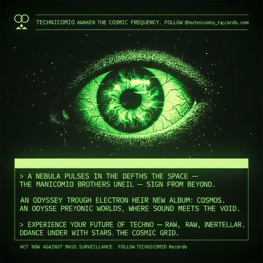 About Us 57 Póster promocional del álbum COSMOS de Los Hermanos Manicomio para Technicomio Records con un ojo verde cósmico y texto de terminal futurista.