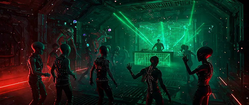 Rave futurista con aliens bailando al ritmo de un DJ en una nave espacial con luces de neón verdes y rojas