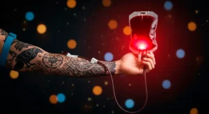 Primer plano de un brazo fuertemente tatuado con un cuervo y motivos nórdicos, conectado a una bolsa de sangre que emite un resplandor rojo intenso.