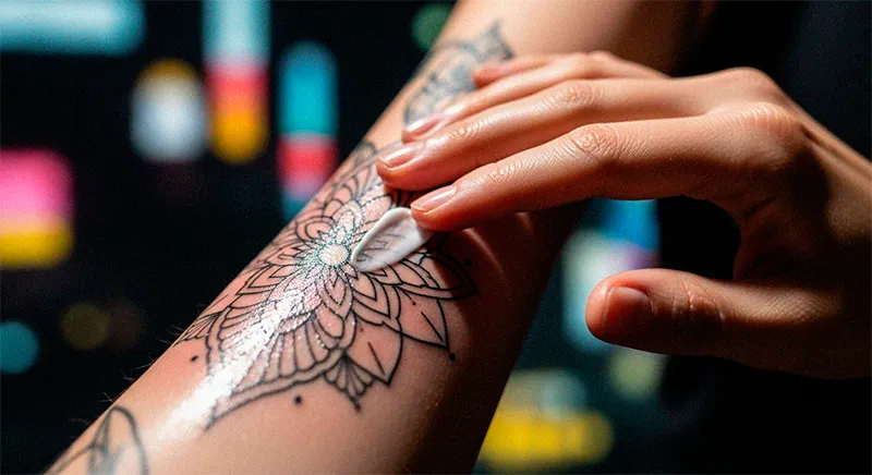 Guía de Cuidados para tu Tatuaje 1 Primer plano de una persona aplicando cuidadosamente crema cicatrizante sobre un tatuaje nuevo hecho en santiago de chile, es un mandala en el antebrazo.