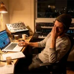 Productor musical en Santiago de Chile trabajando en su estudio casero con sintetizadores y computador durante la noche.