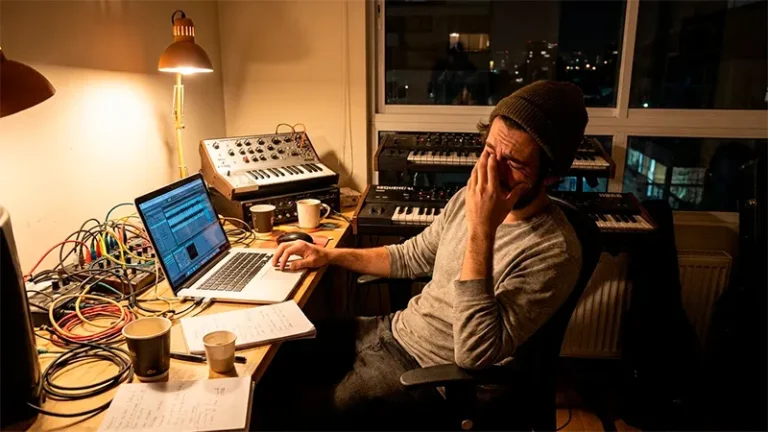 La Realidad de la Precariedad Laboral en la Música Techno 46 Productor musical en Santiago de Chile trabajando en su estudio casero con sintetizadores y computador durante la noche.