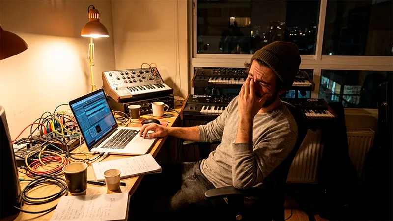 Productor musical en Santiago de Chile trabajando en su estudio casero con sintetizadores y computador durante la noche.