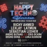 Happy Techno Showcase 2026 Santiago Julio 2 Cartel oficial del Happy Techno Showcase en Santiago de Chile el 15 de julio de 2026 en Basel Venue. Line-up con Richy Ahmed, Lexlay, Latmun, Sebastian Ledher, Andre Butano B2B Cris Ocaña, y Bruno Bona B2B Luka Kuhnow. Diseño con tipografía neón roja y azul sobre fondo oscuro con patrones geométricos. Apertura 21:00H, Av. Independencia 565, Independencia, Región Metropolitana. Sponsors: Aueficia, Undurraga, Smirnoff Citue, House of Heroes, earlyD, Coca-Cola, Innita, Johnnie Walker, Tanqueray.