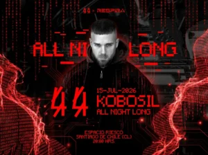Cartel oficial del evento 44 x Respira Kobosil All Night Long en Espacio Riesco, Santiago de Chile, 15 de julio de 2026. Diseño con estética dark industrial: retrato en primer plano del DJ Kobosil con barba corta y chaqueta negra sobre fondo oscuro con efectos de distorsión digital roja, humo y neón. Tipografía pixelada en rojo sangre "ALL NIGHT LONG" sobre el rostro, número "44" en rojo grande y el nombre "KOBOSIL" en letras grandes rojas. Información en tipografía digital roja: 15-JUL-2026, KOBOSIL ALL NIGHT LONG, ESPACIO RIESCO, SANTIAGO DE CHILE. La composición transmite la energía oscura, cruda y de alta intensidad del techno industrial característico de Kobosil, residente de Berghain y fundador de 44 Label Group. Entradas disponibles desde $44.448 en Punto Ticket.