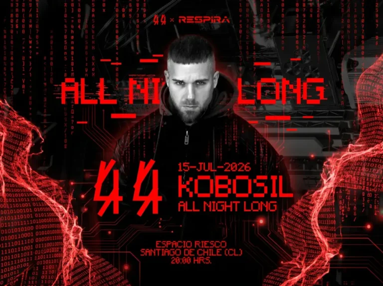 Kobosil 2026: 8 Horas de Techno en Santiago - 15 Julio 10 Cartel oficial del evento 44 x Respira Kobosil All Night Long en Espacio Riesco, Santiago de Chile, 15 de julio de 2026. Diseño con estética dark industrial: retrato en primer plano del DJ Kobosil con barba corta y chaqueta negra sobre fondo oscuro con efectos de distorsión digital roja, humo y neón. Tipografía pixelada en rojo sangre "ALL NIGHT LONG" sobre el rostro, número "44" en rojo grande y el nombre "KOBOSIL" en letras grandes rojas. Información en tipografía digital roja: 15-JUL-2026, KOBOSIL ALL NIGHT LONG, ESPACIO RIESCO, SANTIAGO DE CHILE. La composición transmite la energía oscura, cruda y de alta intensidad del techno industrial característico de Kobosil, residente de Berghain y fundador de 44 Label Group. Entradas disponibles desde $44.448 en Punto Ticket.