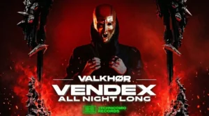 Cartel oficial de Valkhør Vendex All Night Long en Santiago 2026 con DJ Vendex usando máscara dorada en atmósfera dark industrial roja