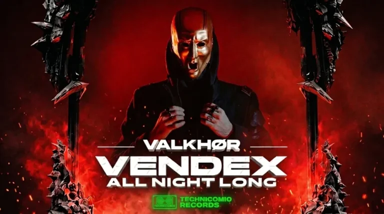 Vendex All Night Long Santiago 2026 Oct 16: Basel Venue 28 Cartel oficial de Valkhør Vendex All Night Long en Santiago 2026 con DJ Vendex usando máscara dorada en atmósfera dark industrial roja
